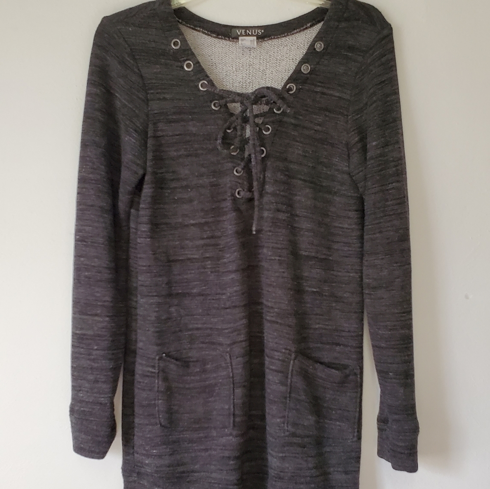 Venus/ Gray Tunic Sweater With Tie Front